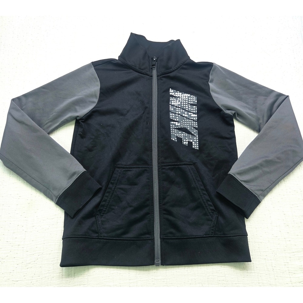Nike Boys Track Jacket Black Grey Full Zip Graphic Sportswear Size M 7-8